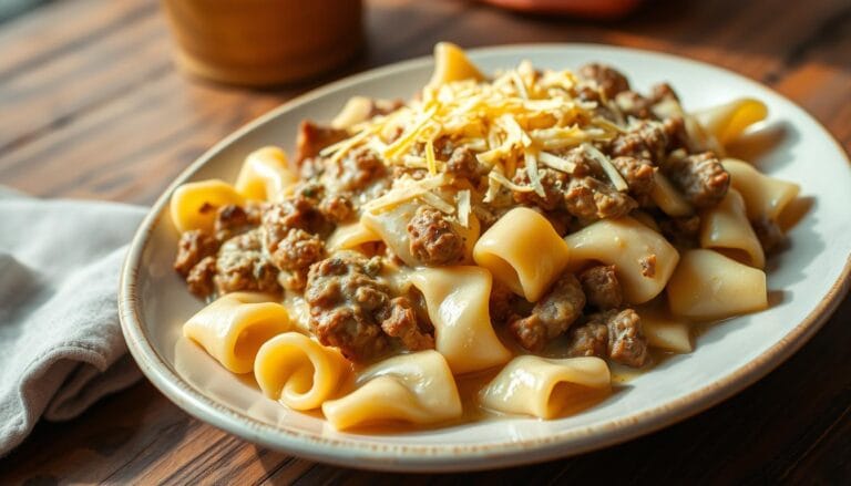 Cheesy Beef and Bowtie Pasta in Garlic Butter
