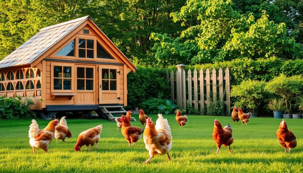 Salmon Faverolle chicken coop