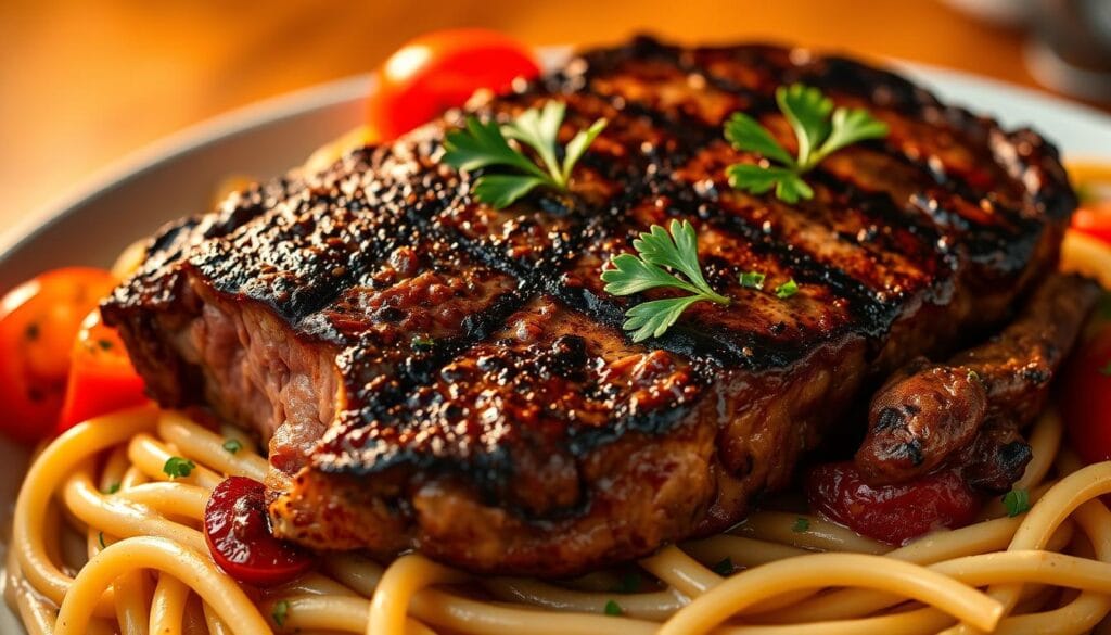 Spicy cajun steak with creamy alfredo pasta