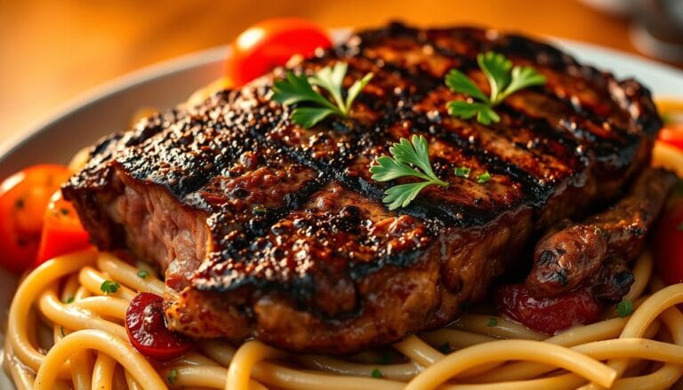 Spicy cajun steak with creamy alfredo pasta